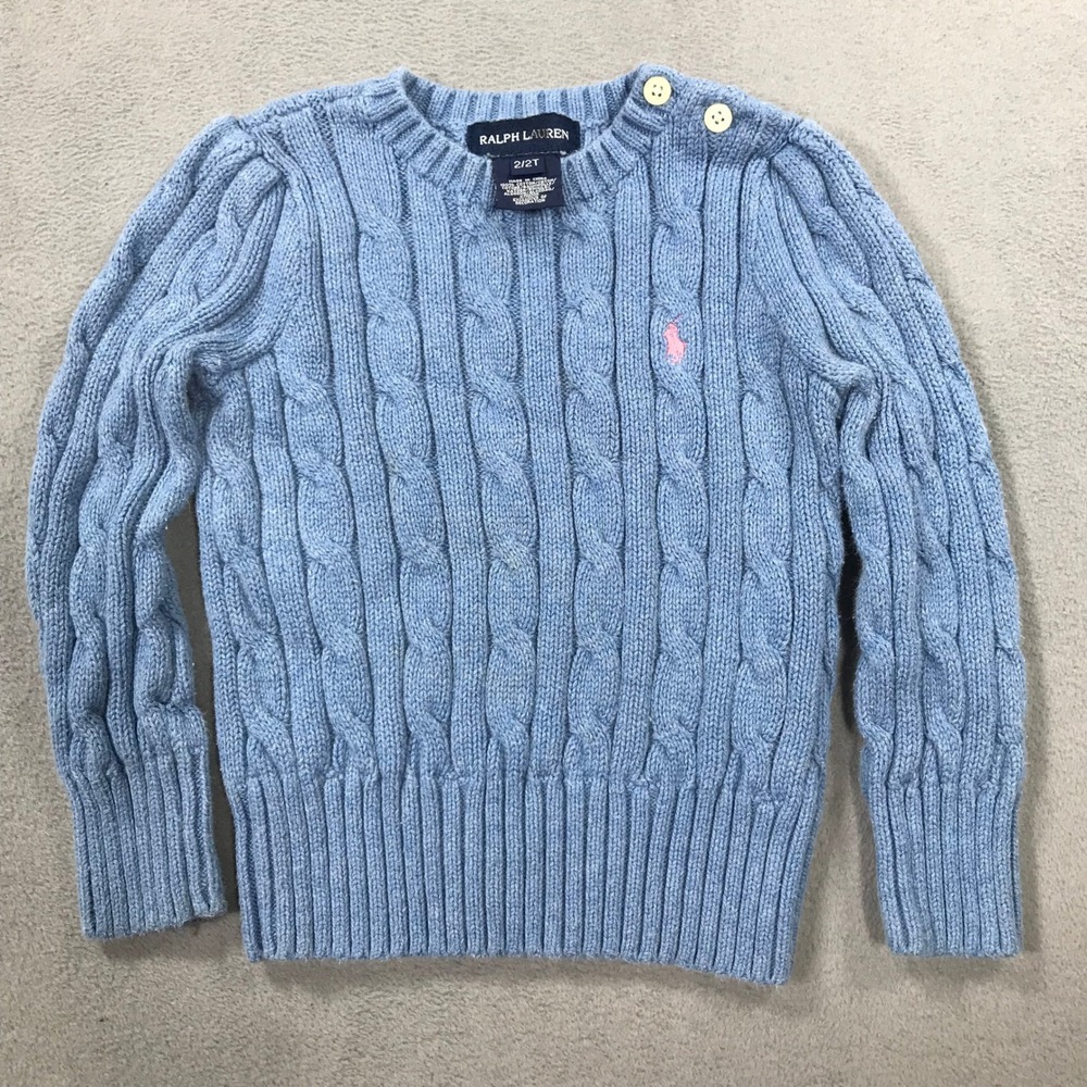 Ralph Lauren Cable Knit Sweater Kids Girls 2T Blue Cotton Button Shoulder